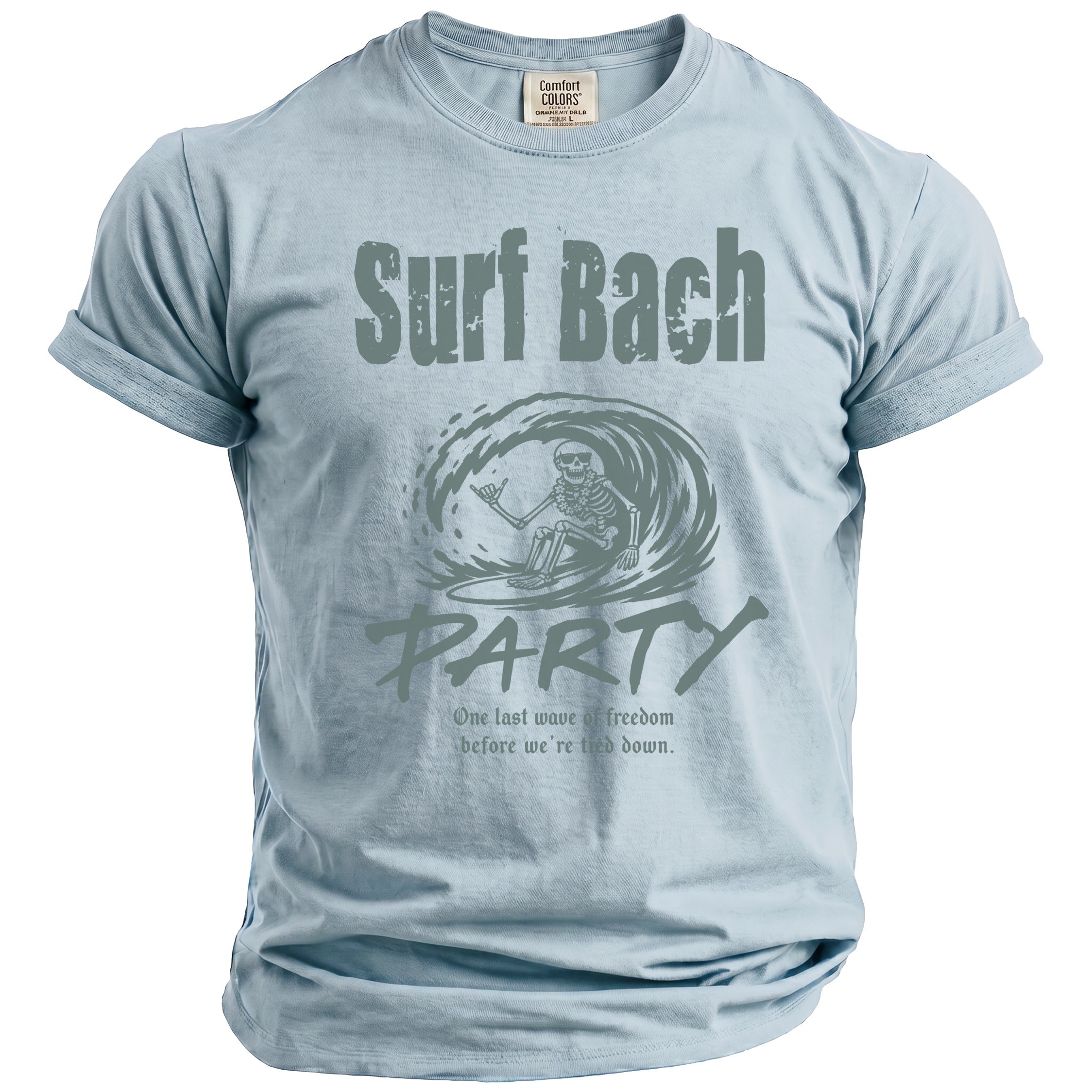 Light blue t-shirt with "Surf Bach Party" text and skeleton surfing design.