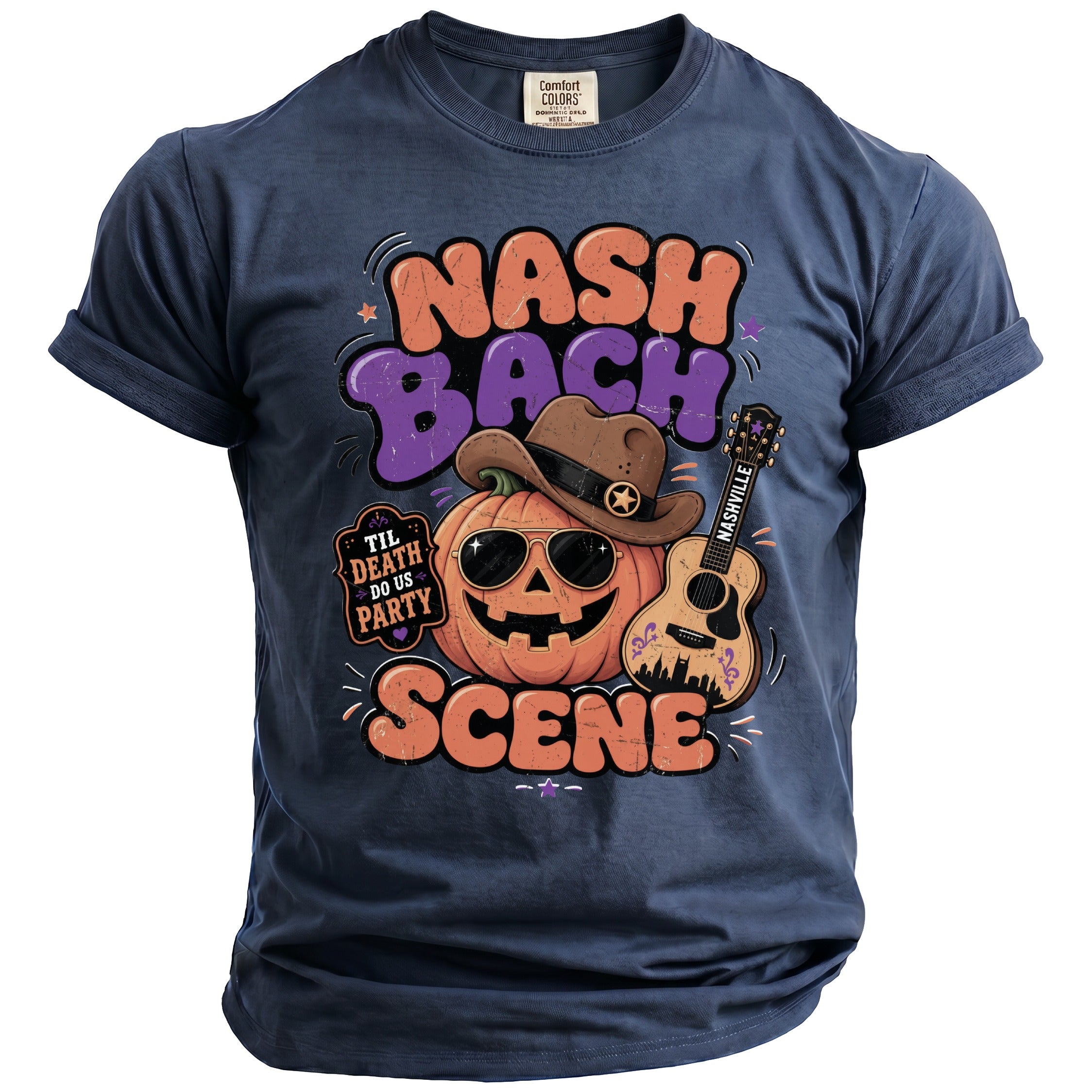 Nash Bach Scene t-shirt with a pumpkin, cowboy hat, and guitar graphic.