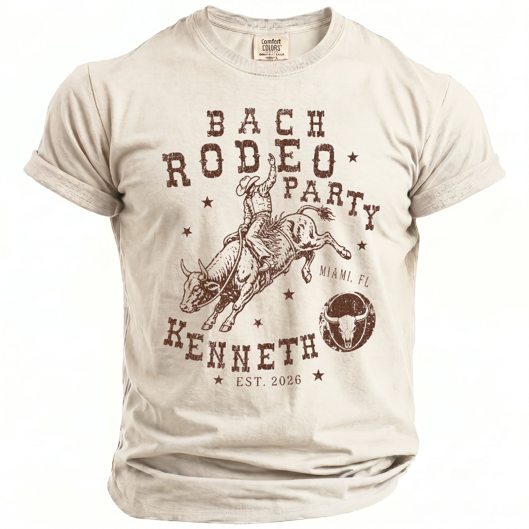T-shirt with cowboy riding bull graphic: "Bach Rodeo Party Kenneth Est. 2026 Miami, FL"