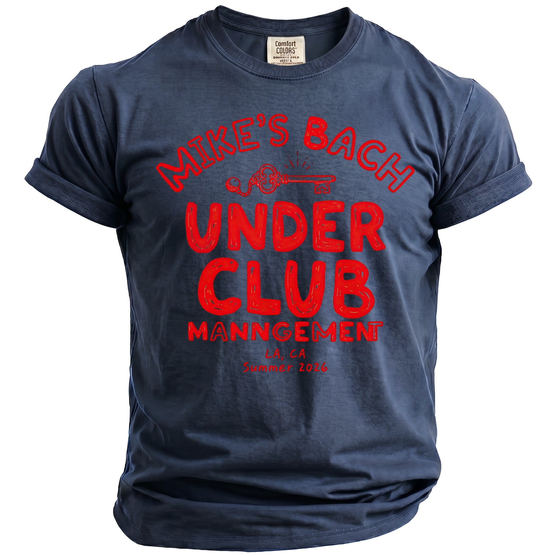 Dark blue t-shirt with red text: Mike's Bach Under Club Manngement LA CA Summer 2046.