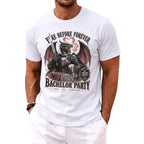 White t-shirt with dragon graphic reading "Fire Before Forever" and "Bachelor Party".