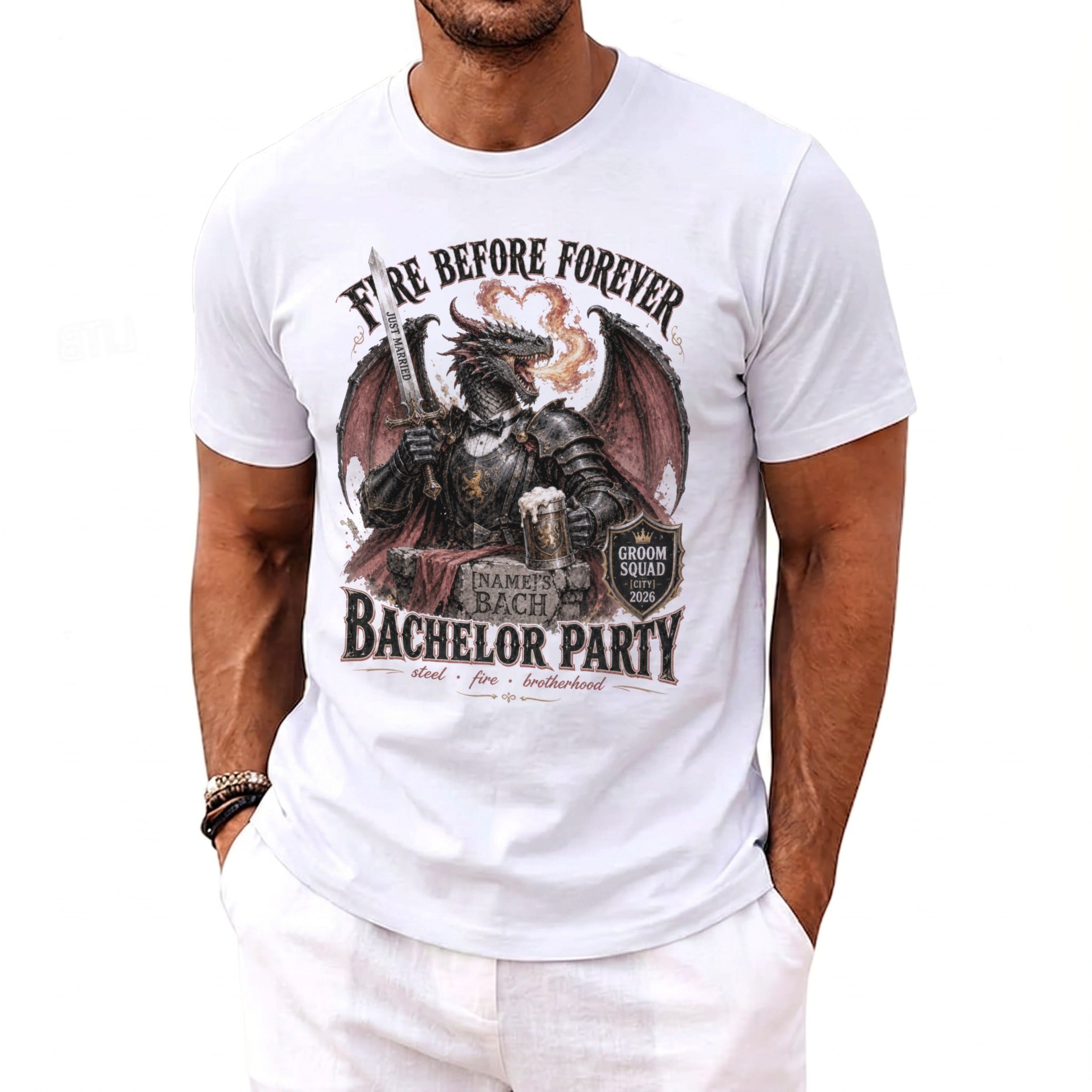 White t-shirt with dragon graphic reading "Fire Before Forever" and "Bachelor Party".