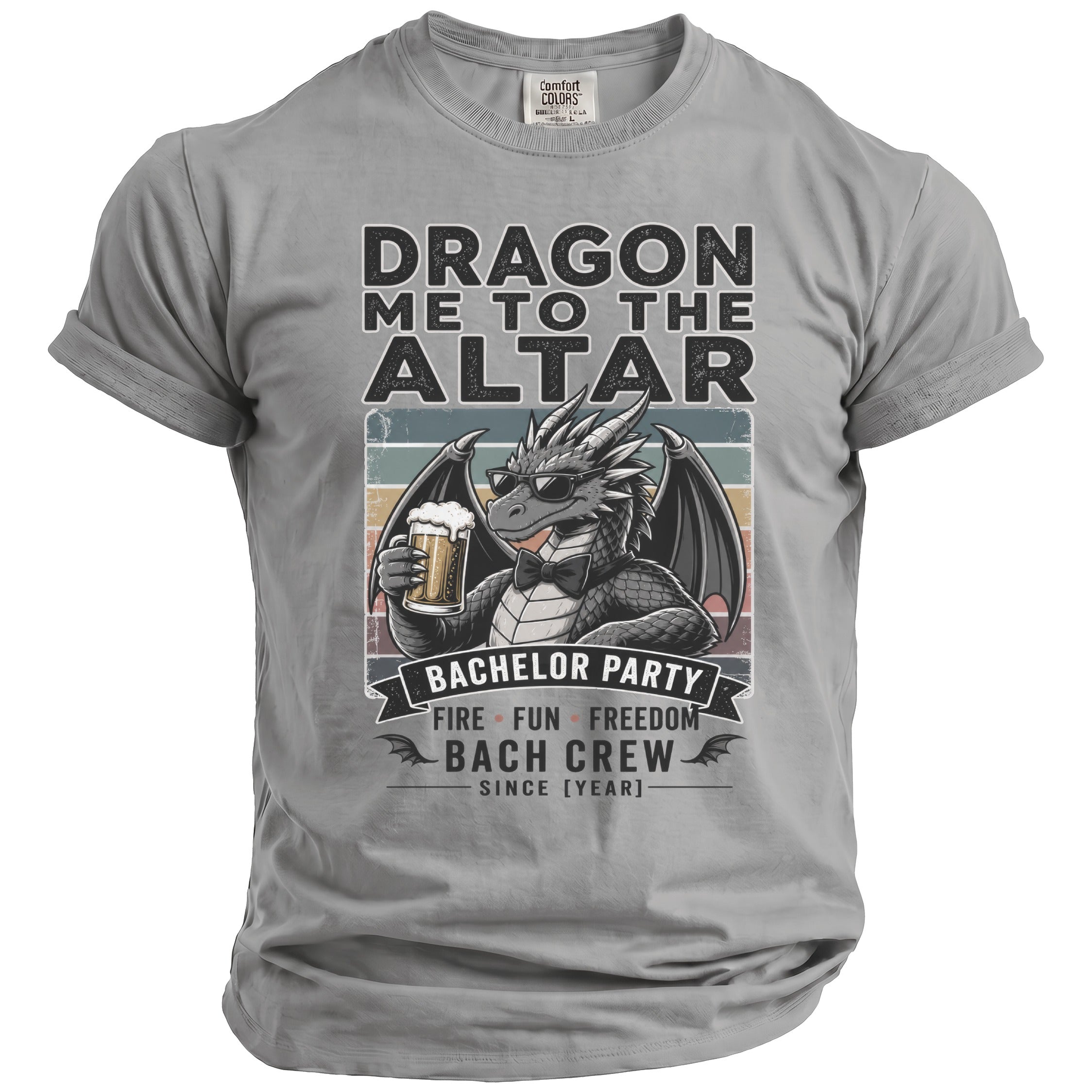 Dragon with sunglasses holding beer for bachelor party crew.