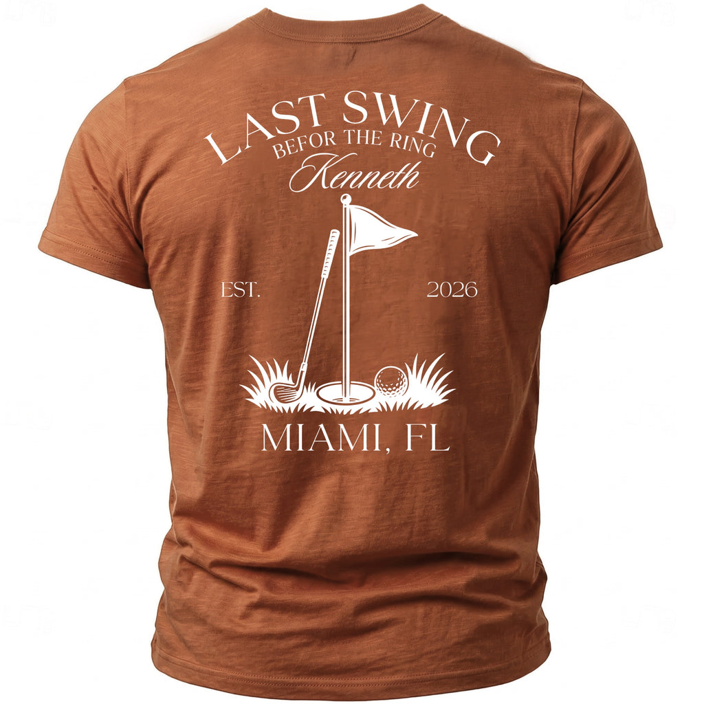 Brown t-shirt with "Last Swing Beffor The Ring Kenneth" and golf graphic.