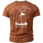 Brown t-shirt with "Last Swing Beffor The Ring Kenneth" and golf graphic.