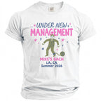 White t-shirt with "Under New Management" text, cartoon figure with ball and chain, "Mike's Bach LA, CA Summer 2026".