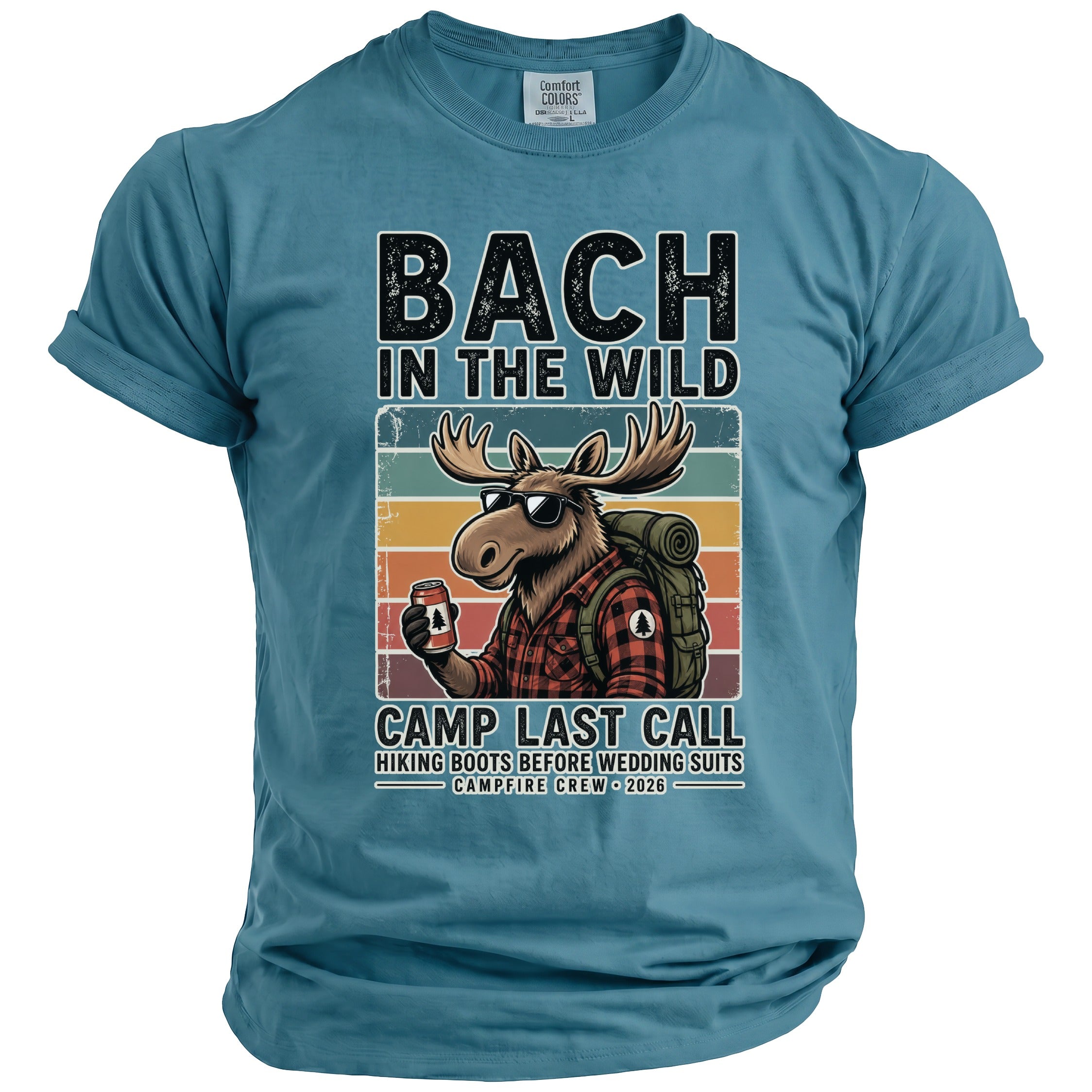 T-shirt graphic: moose with backpack holding can, "Bach In The Wild Camp Last Call" text.