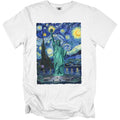 White t-shirt featuring the Statue of Liberty with a Starry Night sky background.