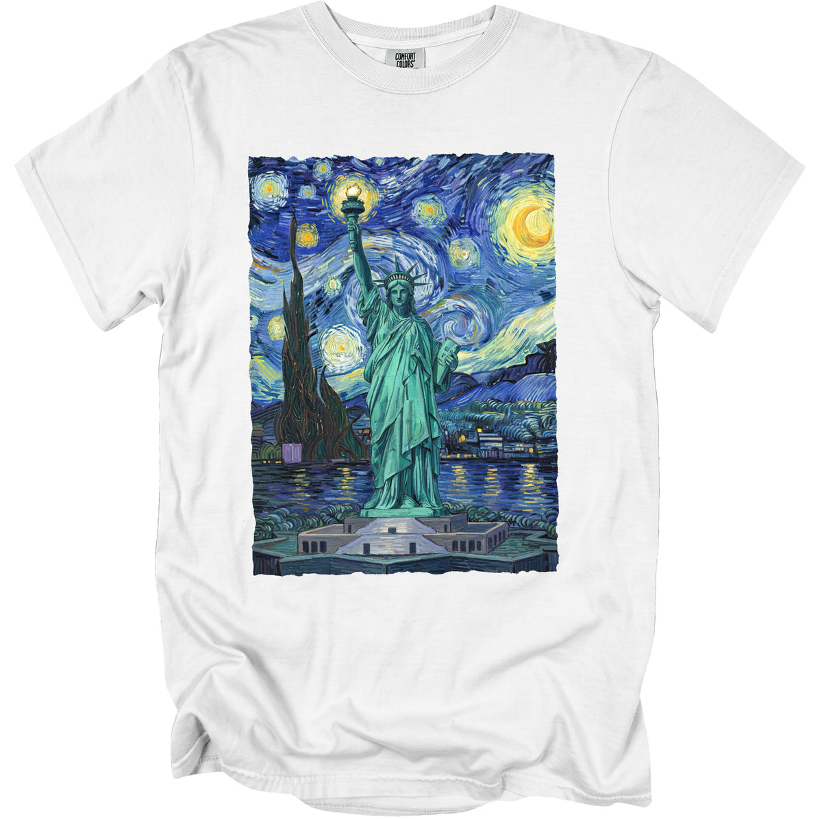 White t-shirt featuring the Statue of Liberty with a Starry Night sky background.