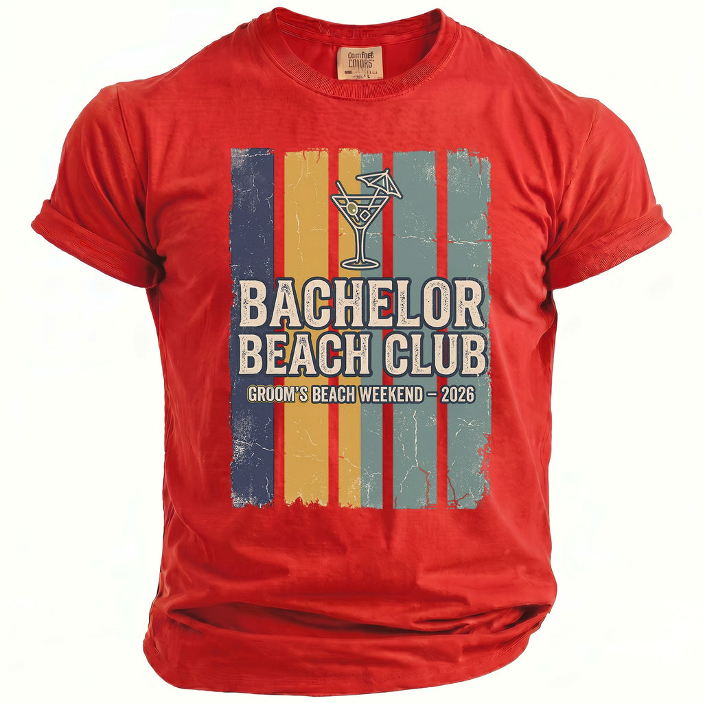 Red t-shirt with "Bachelor Beach Club" and a cocktail graphic.