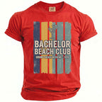 Red t-shirt with "Bachelor Beach Club" and a cocktail graphic.