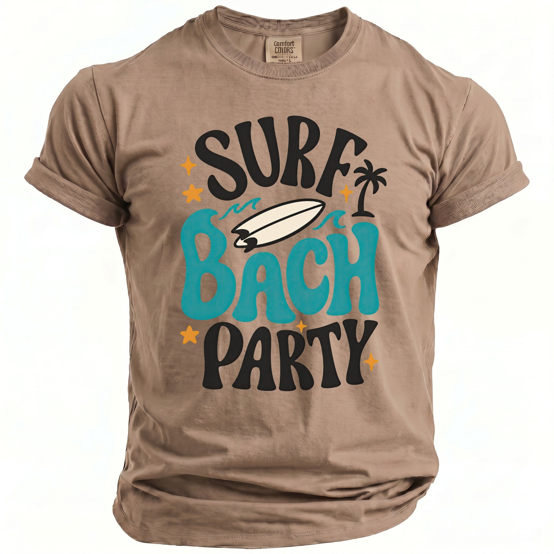 Brown t-shirt with "Surf Bach Party" text, surfboard, palm tree, and stars.