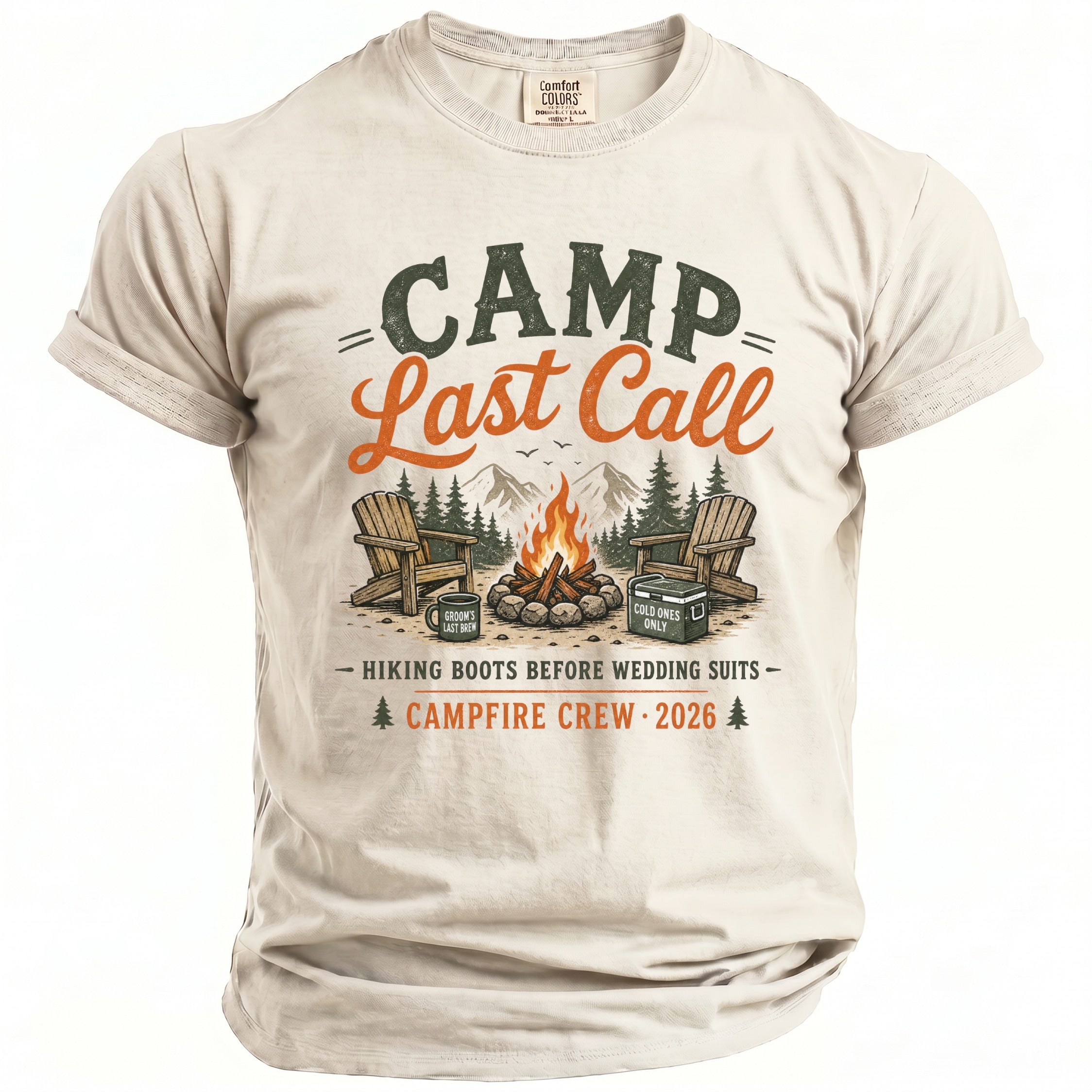 Camp Last Call graphic with campfire, chairs, and text.