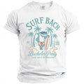 White t-shirt with a graphic of a shark and surfboard, saying "Surf Bach" and "Bachelor Party".