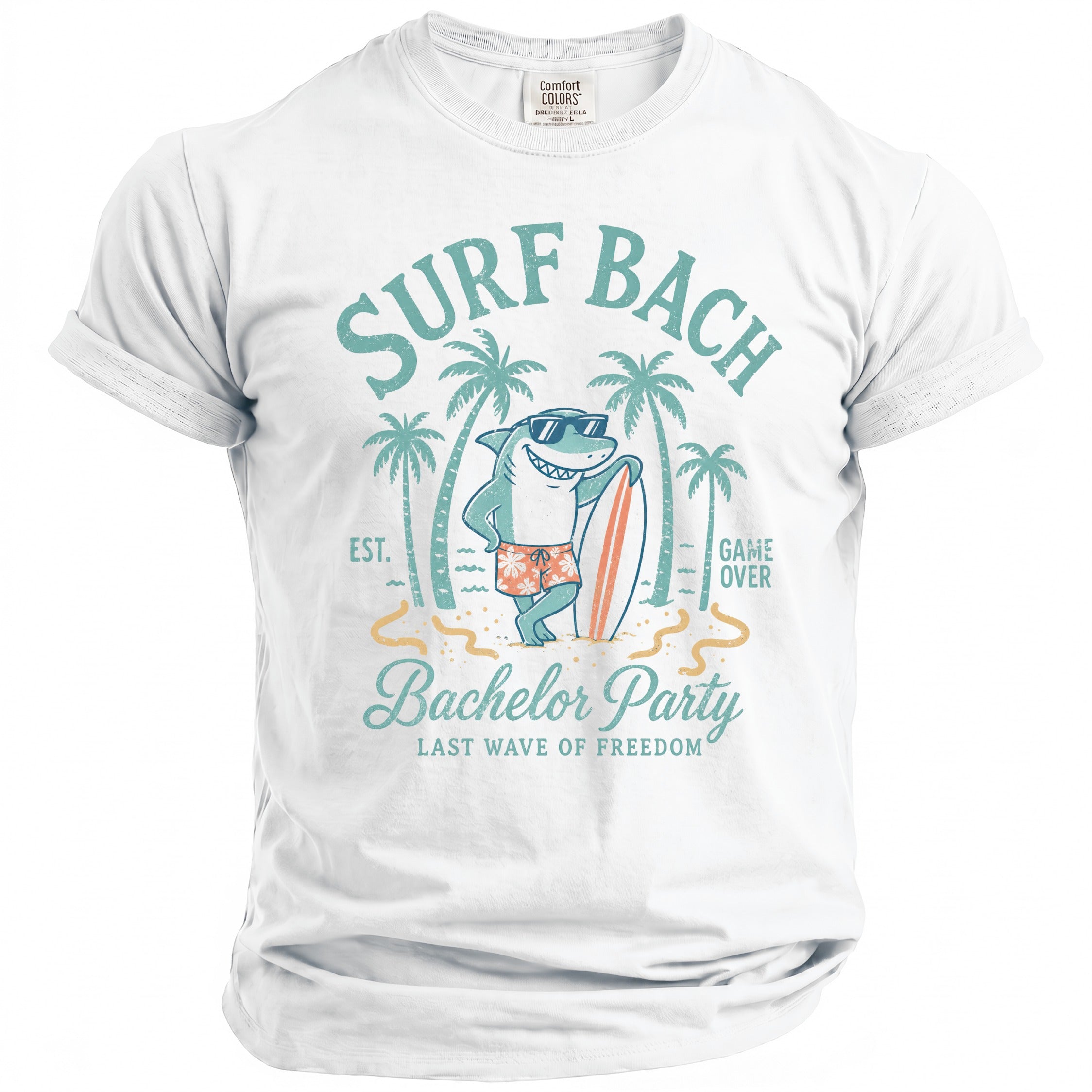 White t-shirt with a graphic of a shark and surfboard, saying "Surf Bach" and "Bachelor Party".