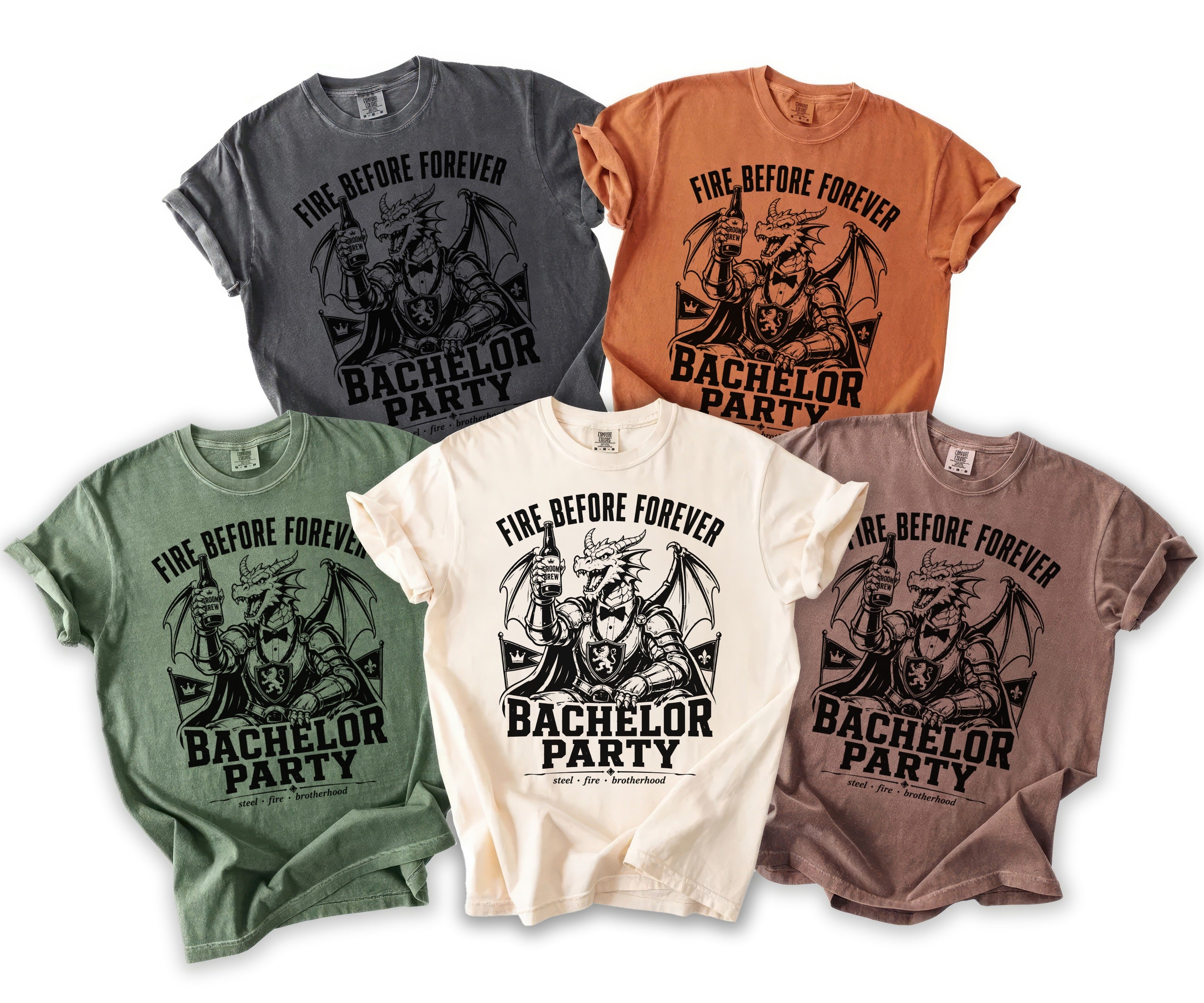 Five t-shirts in different colors with a dragon graphic and "Bachelor Party" text.