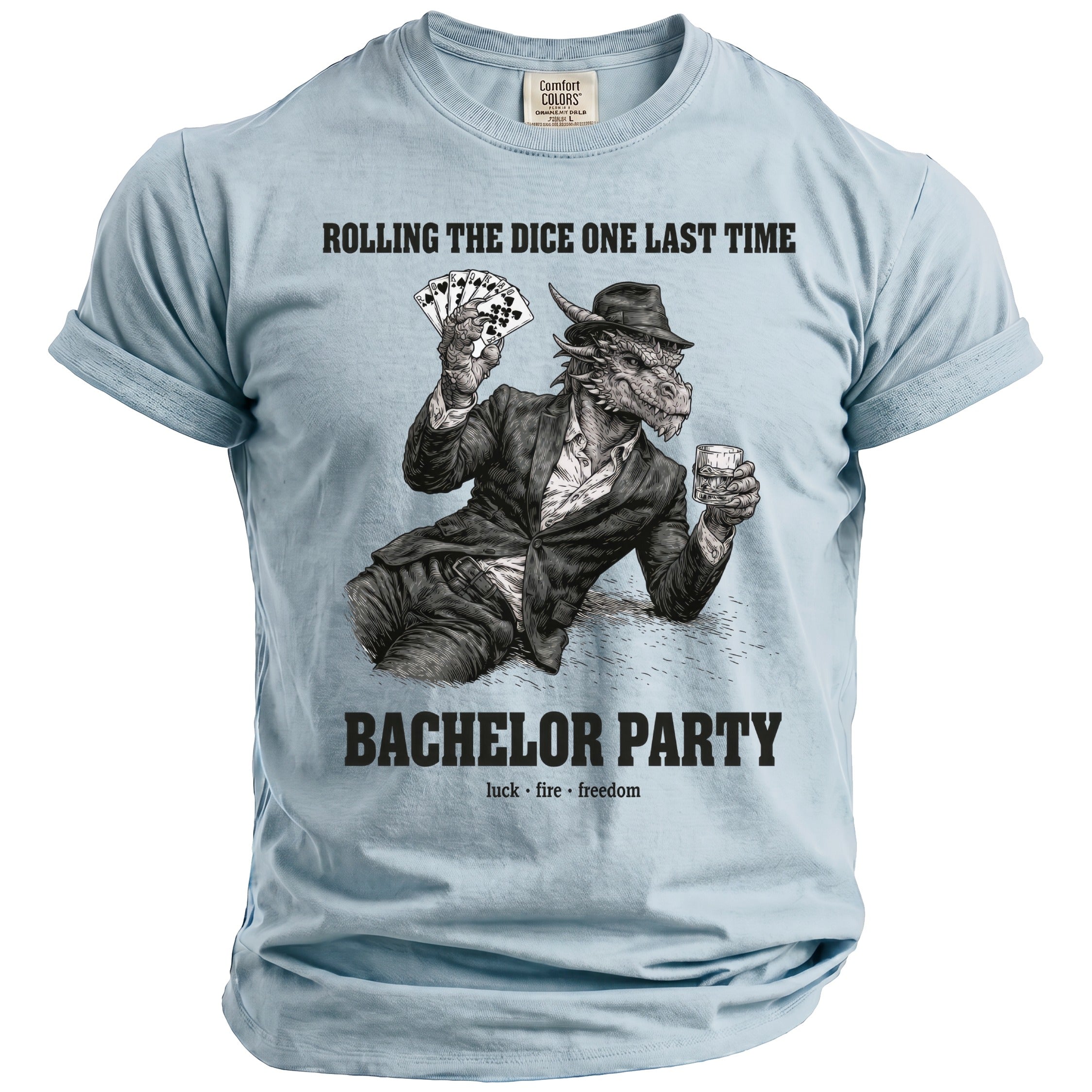 Dragon in suit holding cards and drink, with text "Rolling the Dice One Last Time Bachelor Party".