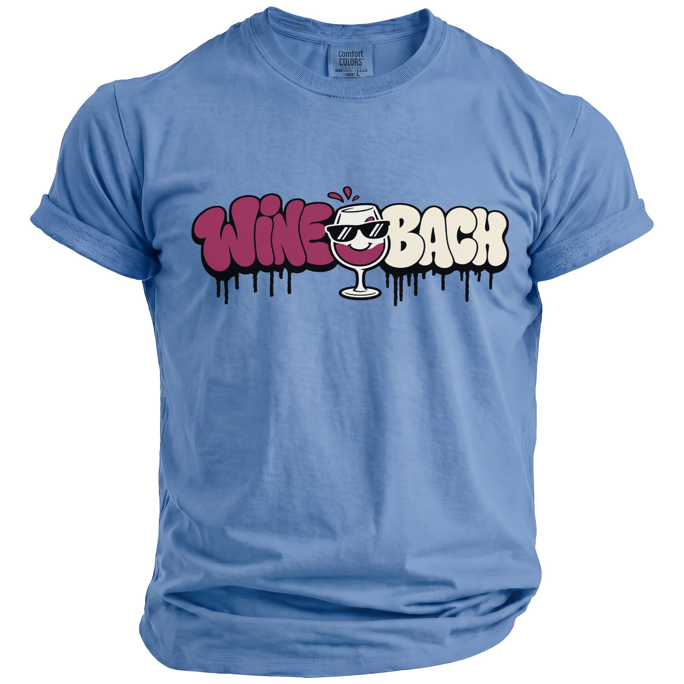 Blue t-shirt with "Wine Bach" text and a smiling wine glass graphic.