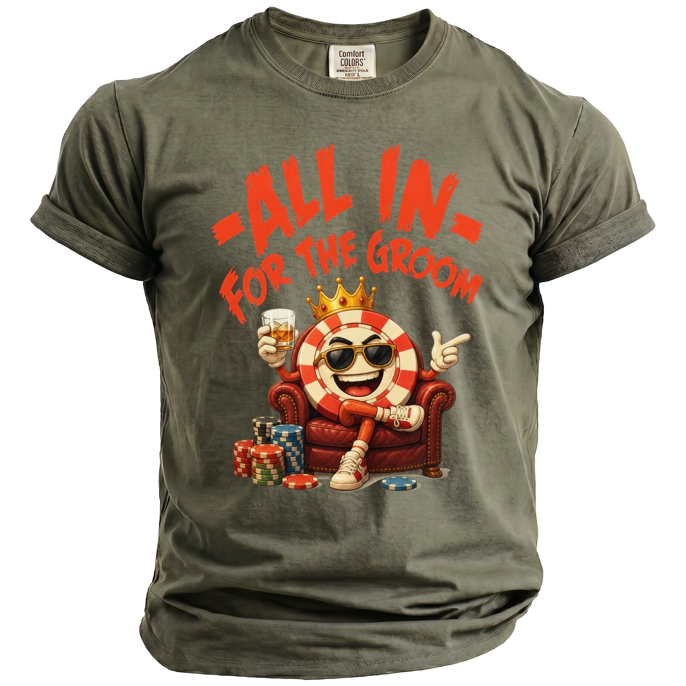 T-shirt with graphic of a poker chip character saying "All In For The Groom".