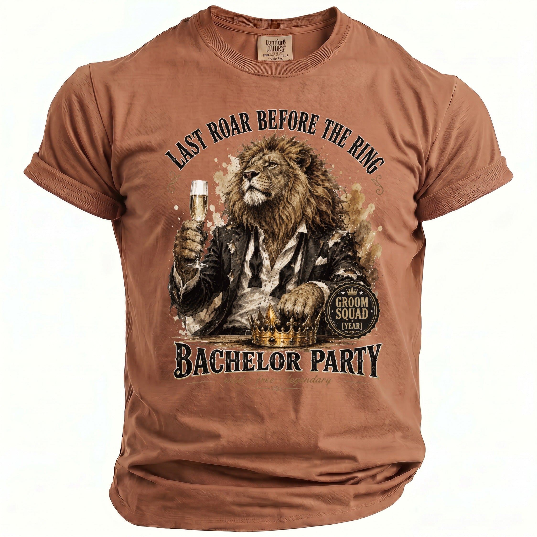 Brown t-shirt with a lion in a suit holding champagne, featuring "Last Roar Before the Ring" and "Bachelor Party" text.