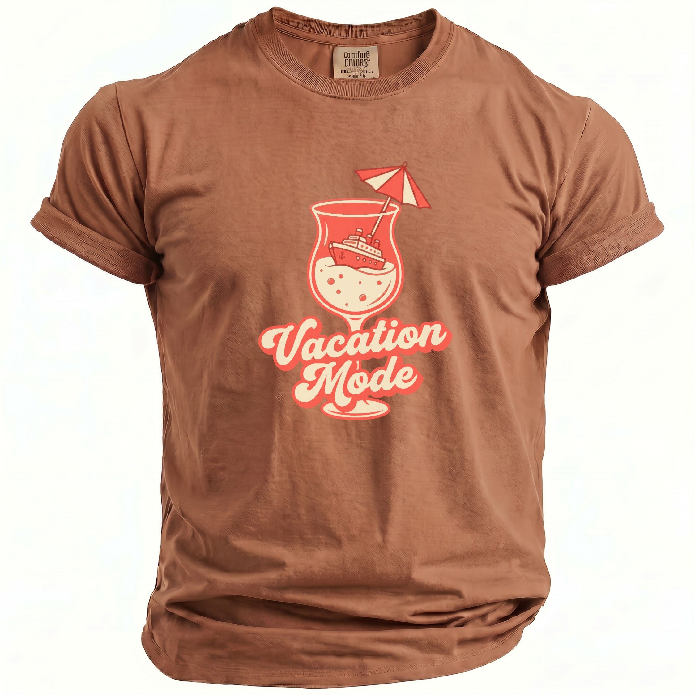 Brown t-shirt with a graphic of a cocktail and "Vacation Mode" text.
