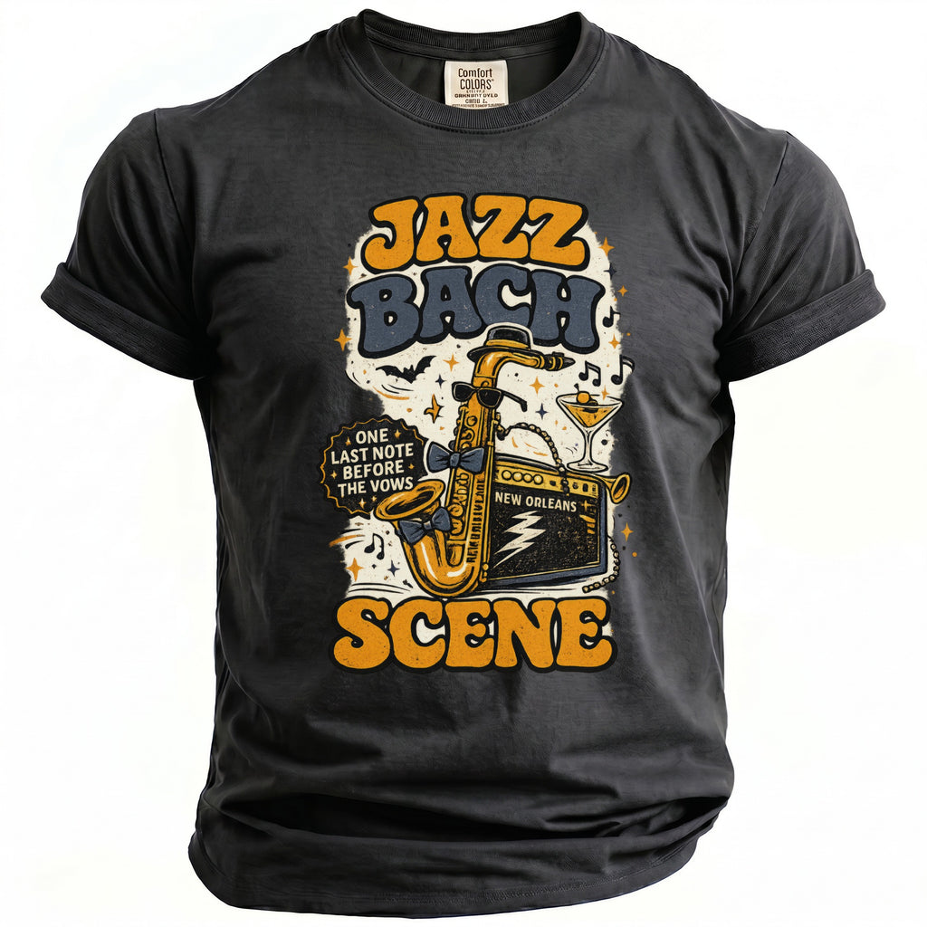 Dark gray t-shirt with "Jazz Bach Scene" text, a saxophone, and New Orleans graphics.