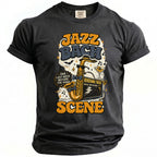 Dark gray t-shirt with "Jazz Bach Scene" text, a saxophone, and New Orleans graphics.