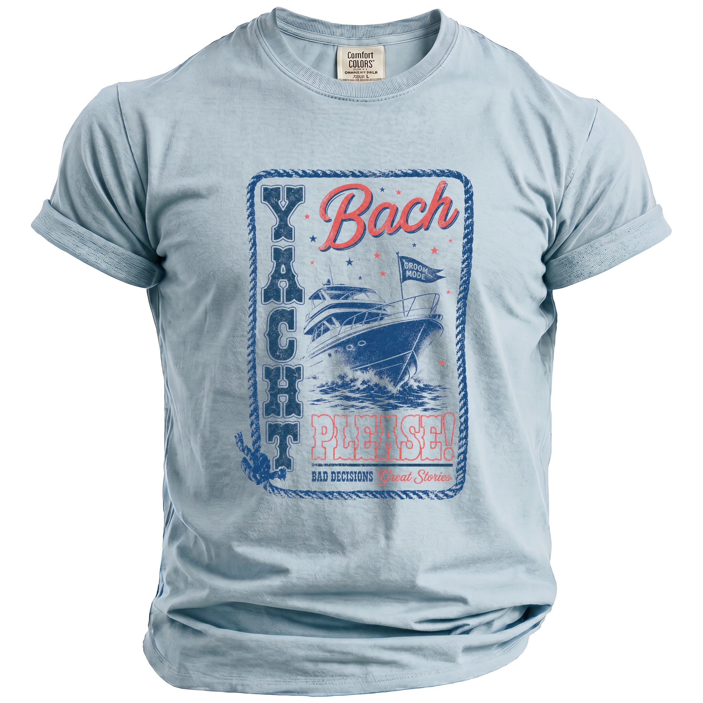 Light blue t-shirt with "Yacht Bach Please!" graphic and a boat.