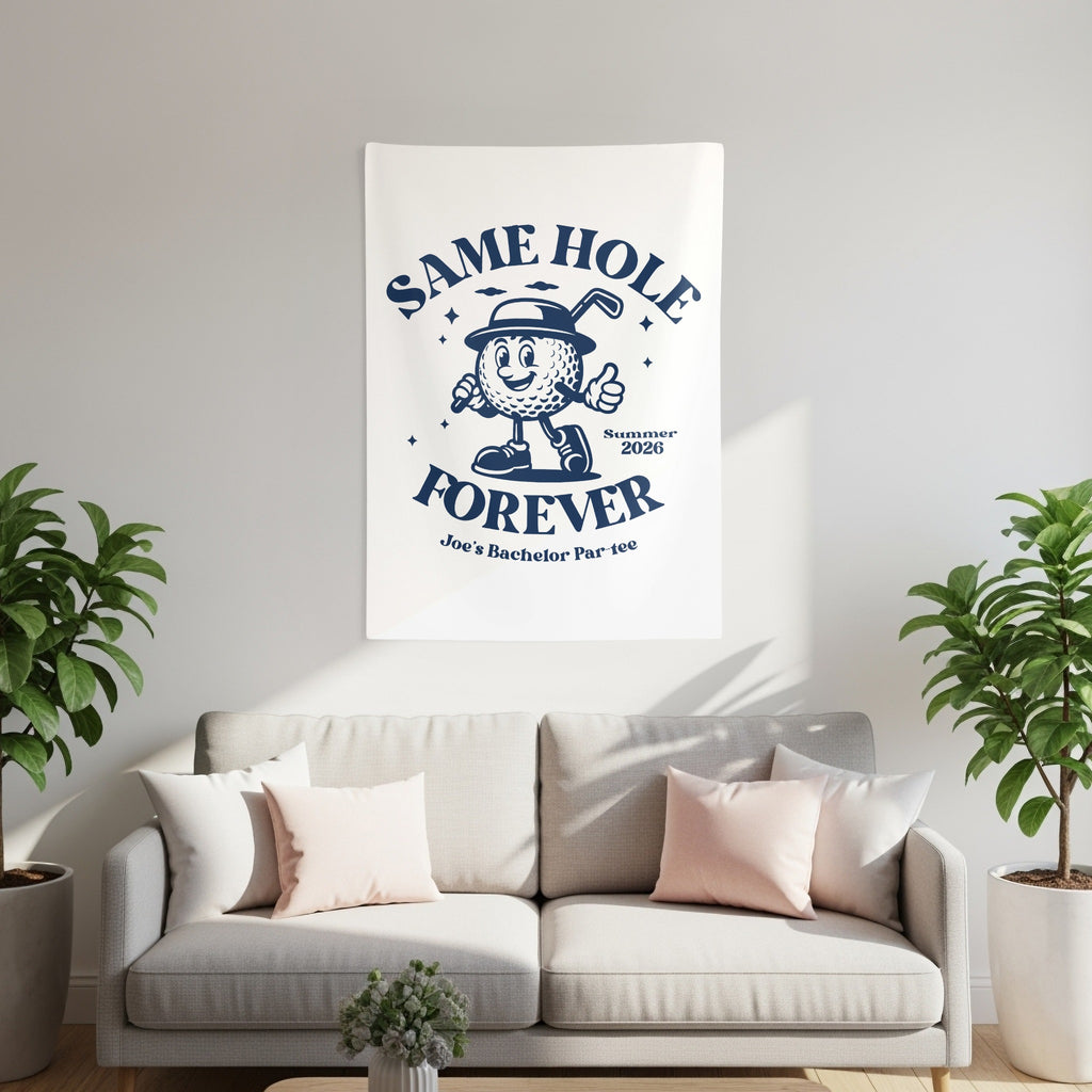 "Same Hole Forever" banner with cartoon golf ball for Joe's Bachelor Party Summer 2026.