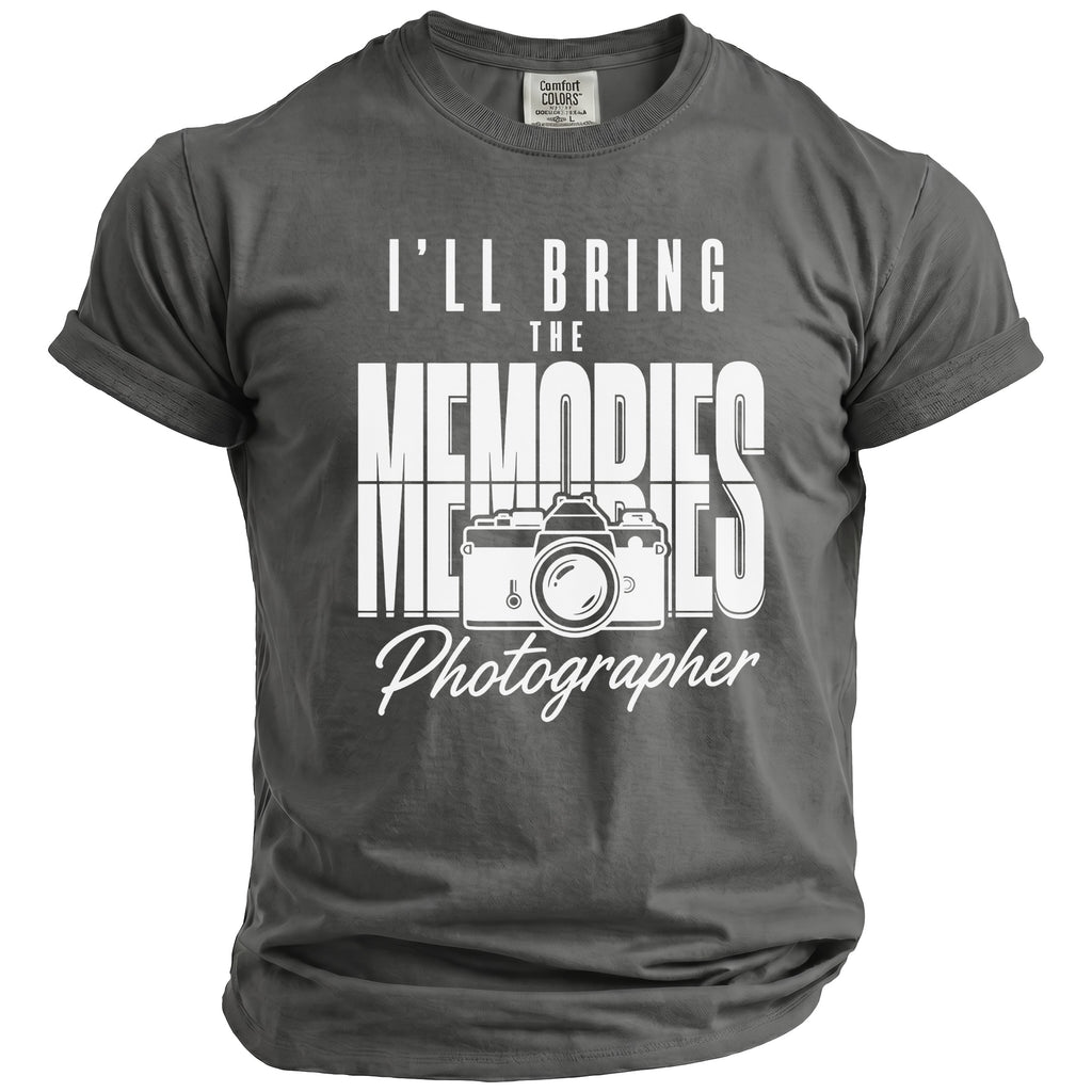 Grey t-shirt with "I'll Bring The Memories" and a camera graphic.
