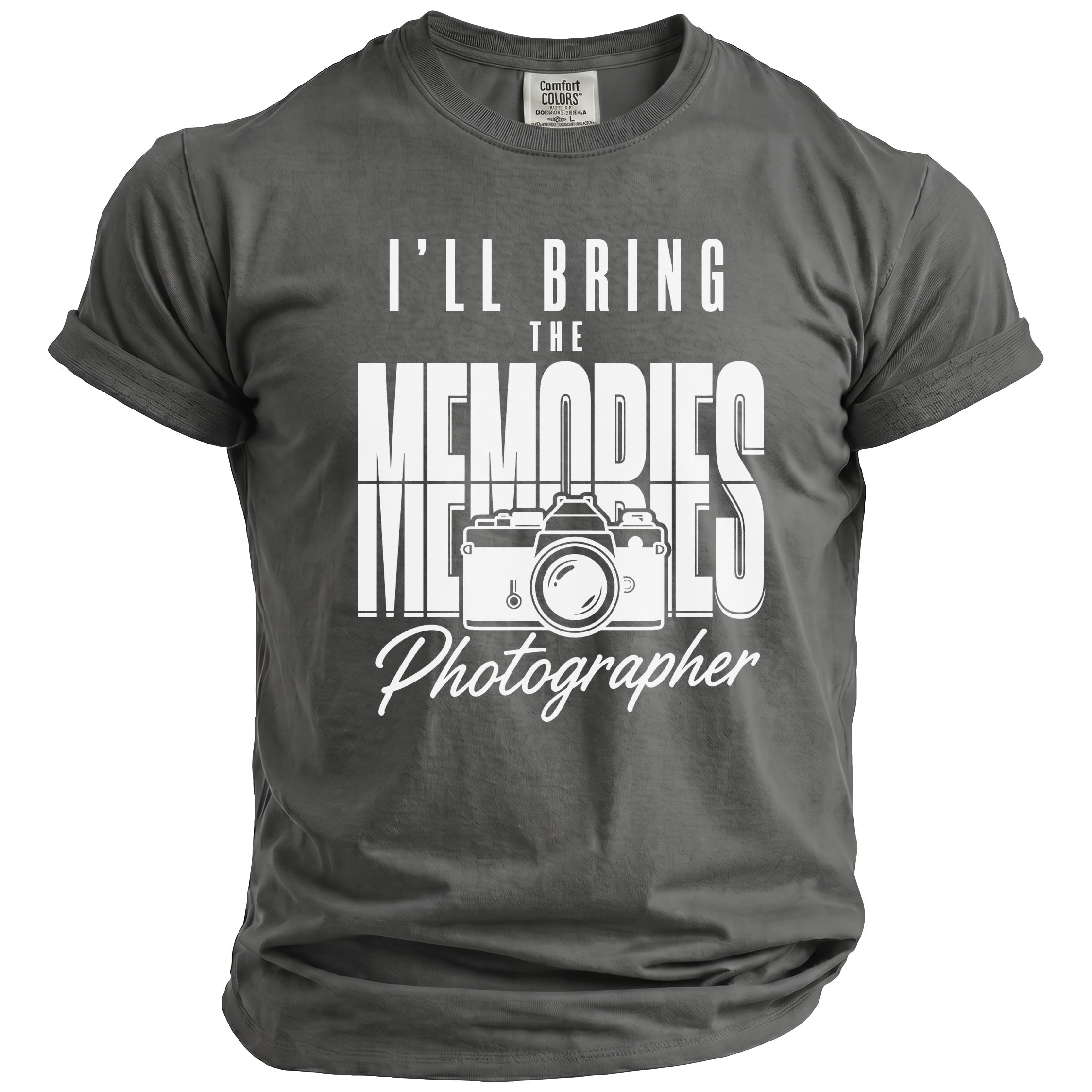 Grey t-shirt with "I'll Bring The Memories" and a camera graphic.