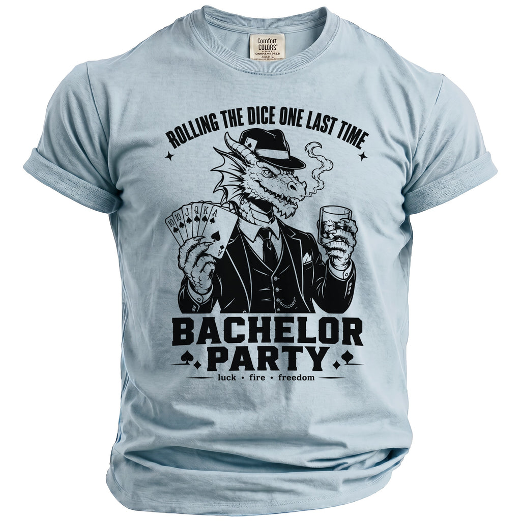 Light blue t-shirt with a dragon playing poker and drinking, saying "Bachelor Party".
