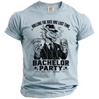 Light blue t-shirt with a dragon playing poker and drinking, saying "Bachelor Party".