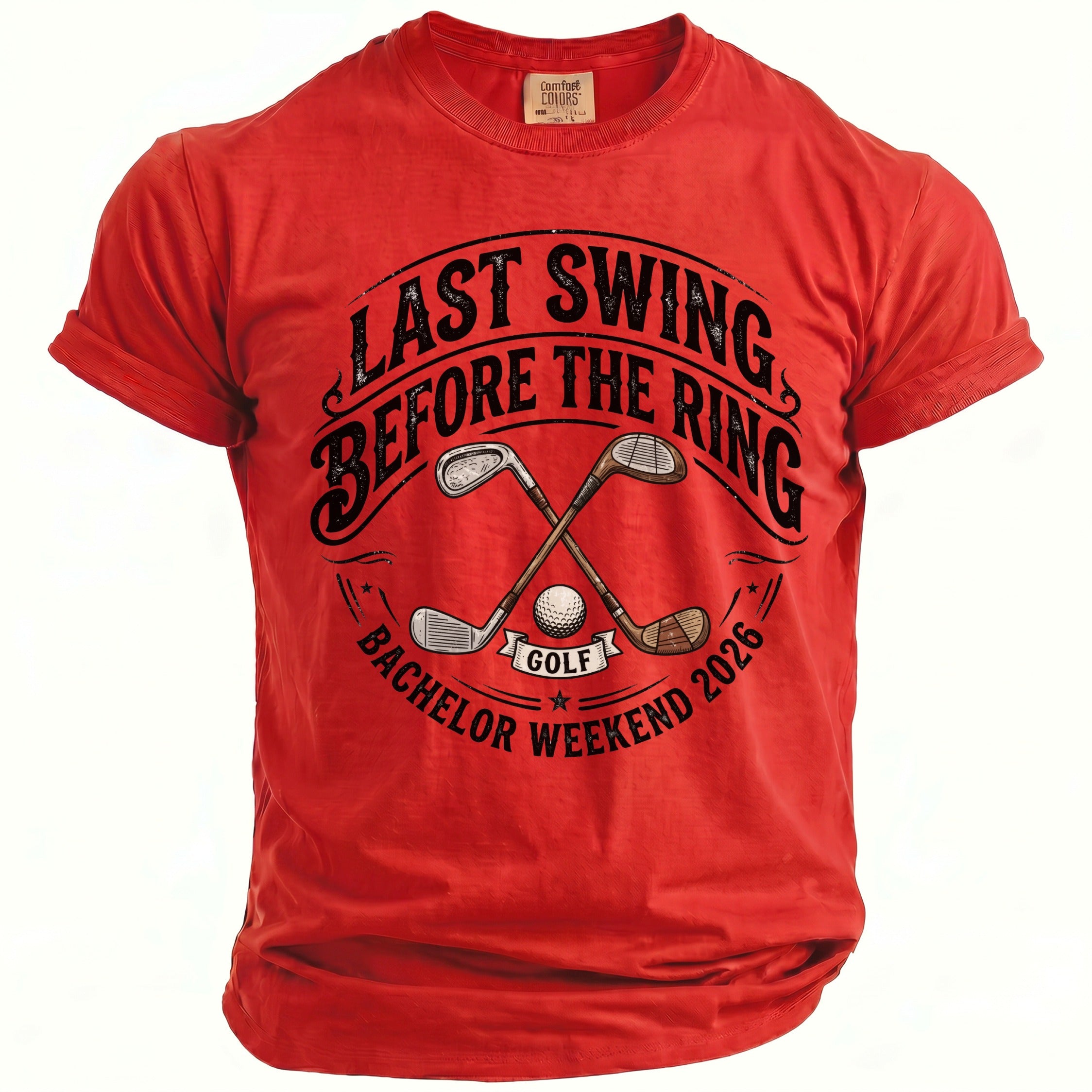 Red t-shirt with "Last Swing Before the Ring" and golf graphic.