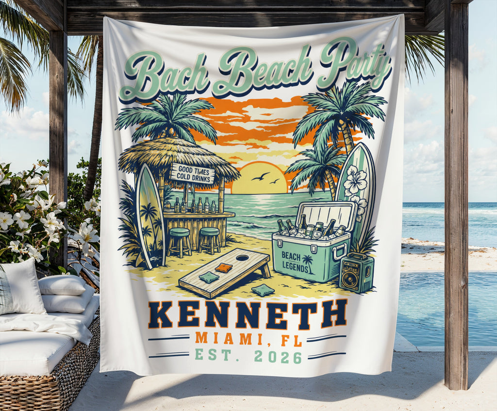 Towel with "Bach Beach Party" text and beach scene art with name "KENNETH".
