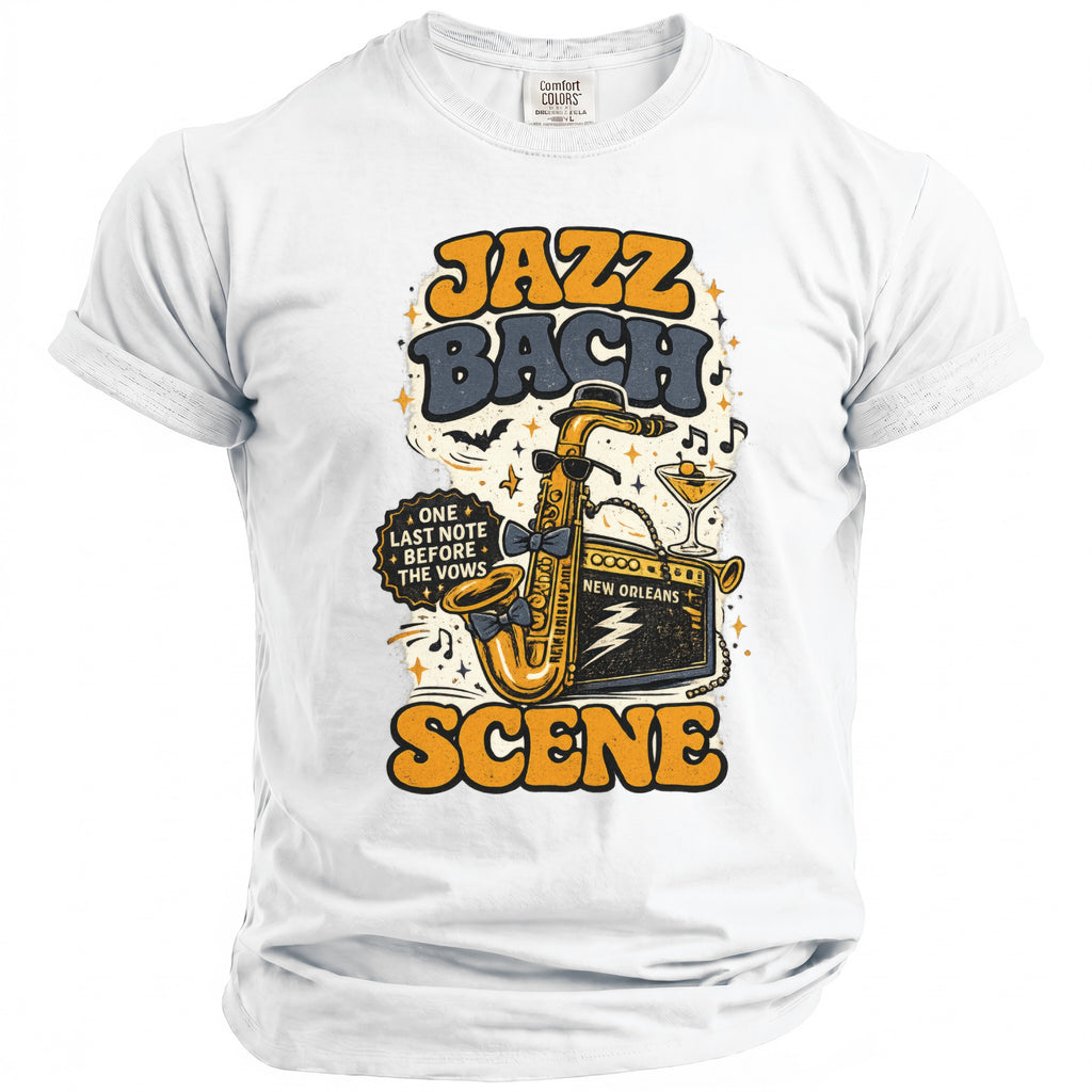 White t-shirt with "Jazz Bach Scene" text, saxophone, amplifier, and martini glass.