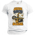 White t-shirt with "Jazz Bach Scene" text, saxophone, amplifier, and martini glass.