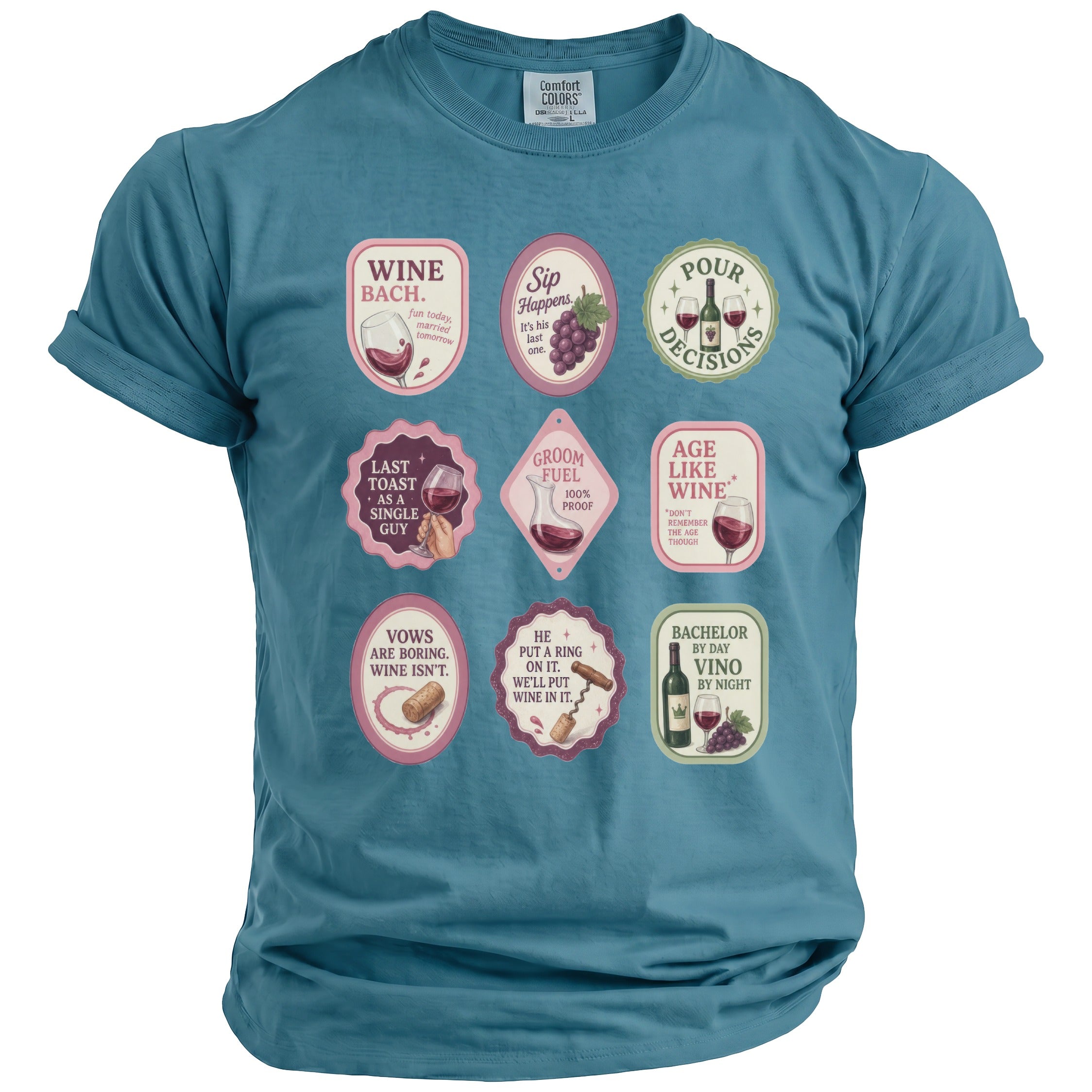 Blue t-shirt with nine wine-themed graphics and text designs.