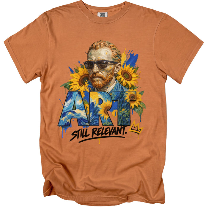 T-shirt with Van Gogh portrait, sunflowers, and "ART STILL RELEVANT." text.