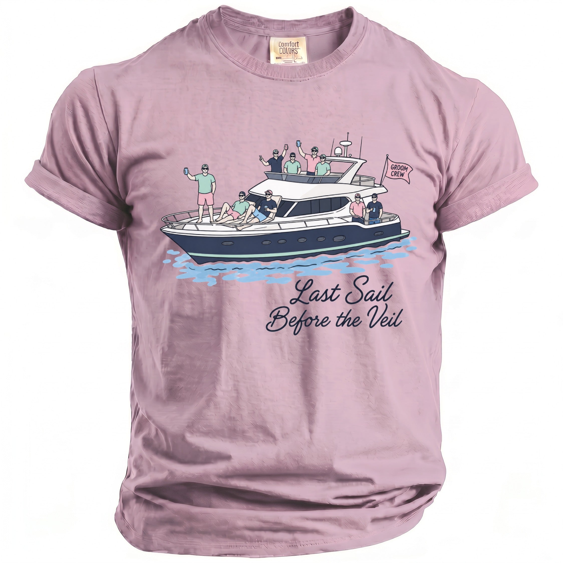 T-shirt with illustration of men on a yacht and text "Last Sail Before the Veil".