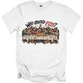 White t-shirt with "Who Ordered Pizza?" graphic of Jesus and disciples at The Last Supper.