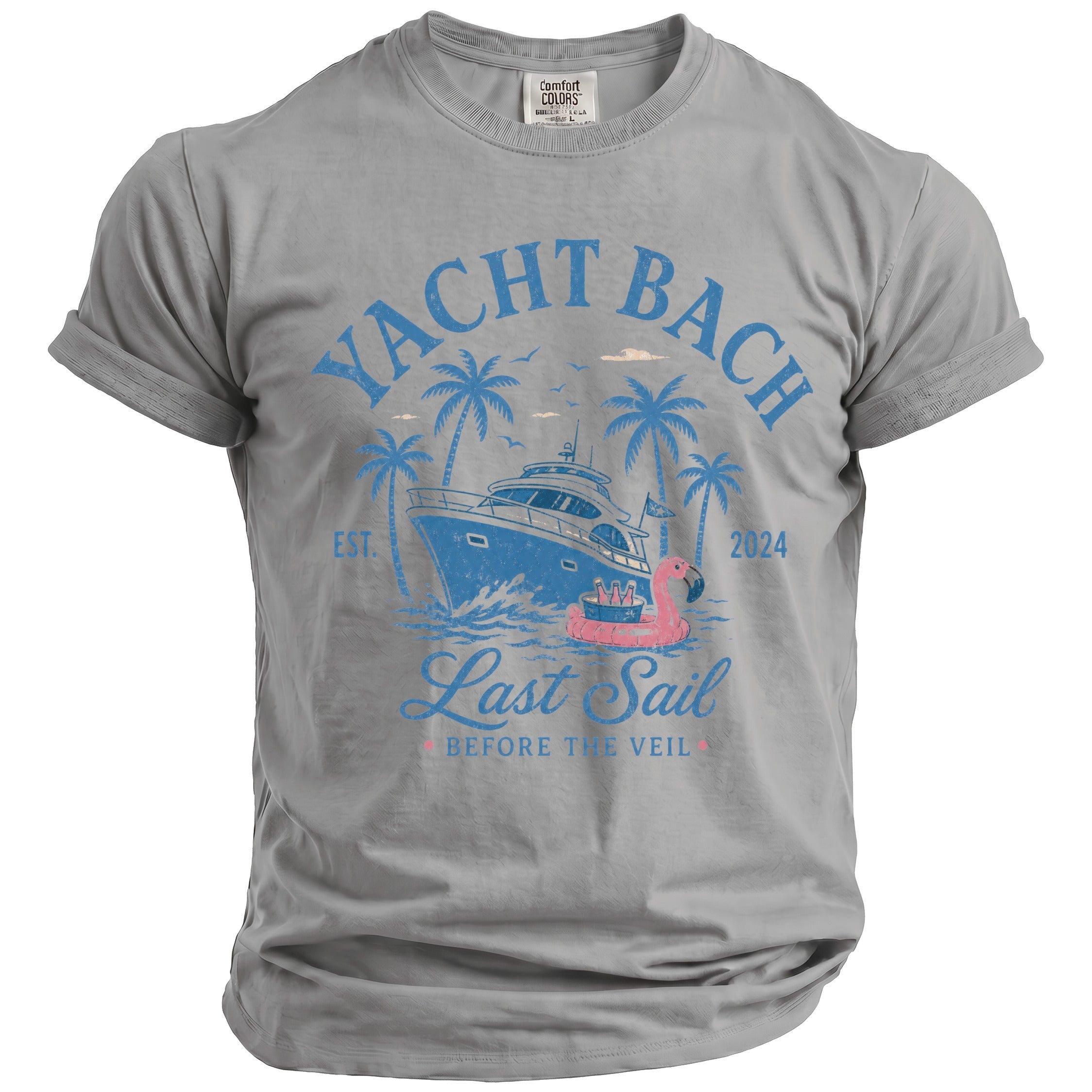 Grey t-shirt with blue text and graphics: Yacht Bach, Est. 2024, Last Sail, Before the Veil.
