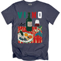 VINO & Art graphic on a navy blue t-shirt with wine bottle, glass, and fruit.