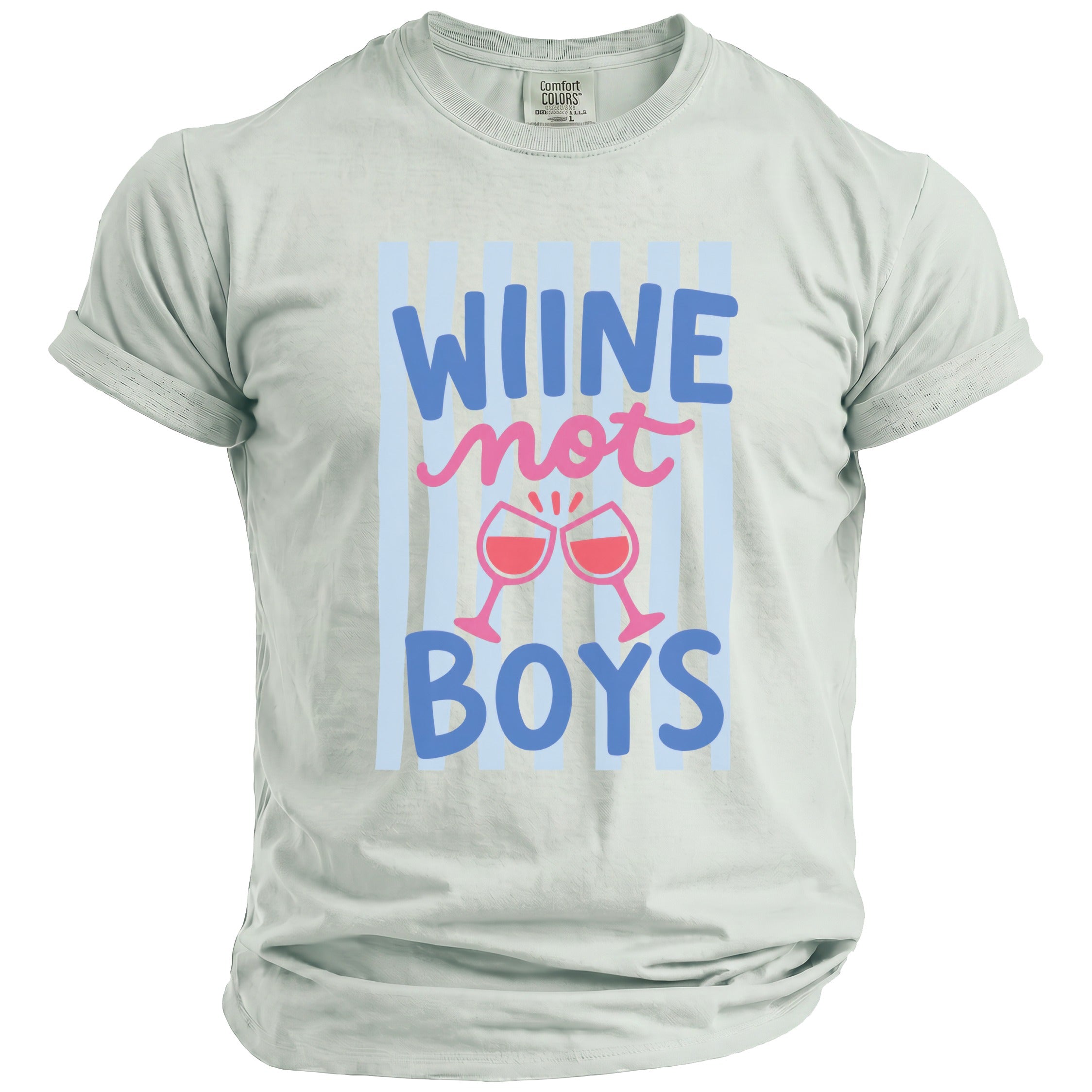 Light gray t-shirt with "WINE not BOYS" text and two pink wine glasses.