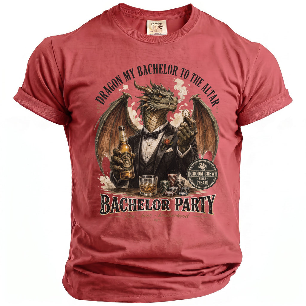 T-shirt with dragon in tuxedo holding beer and poker chips, reads "Bachelor Party".