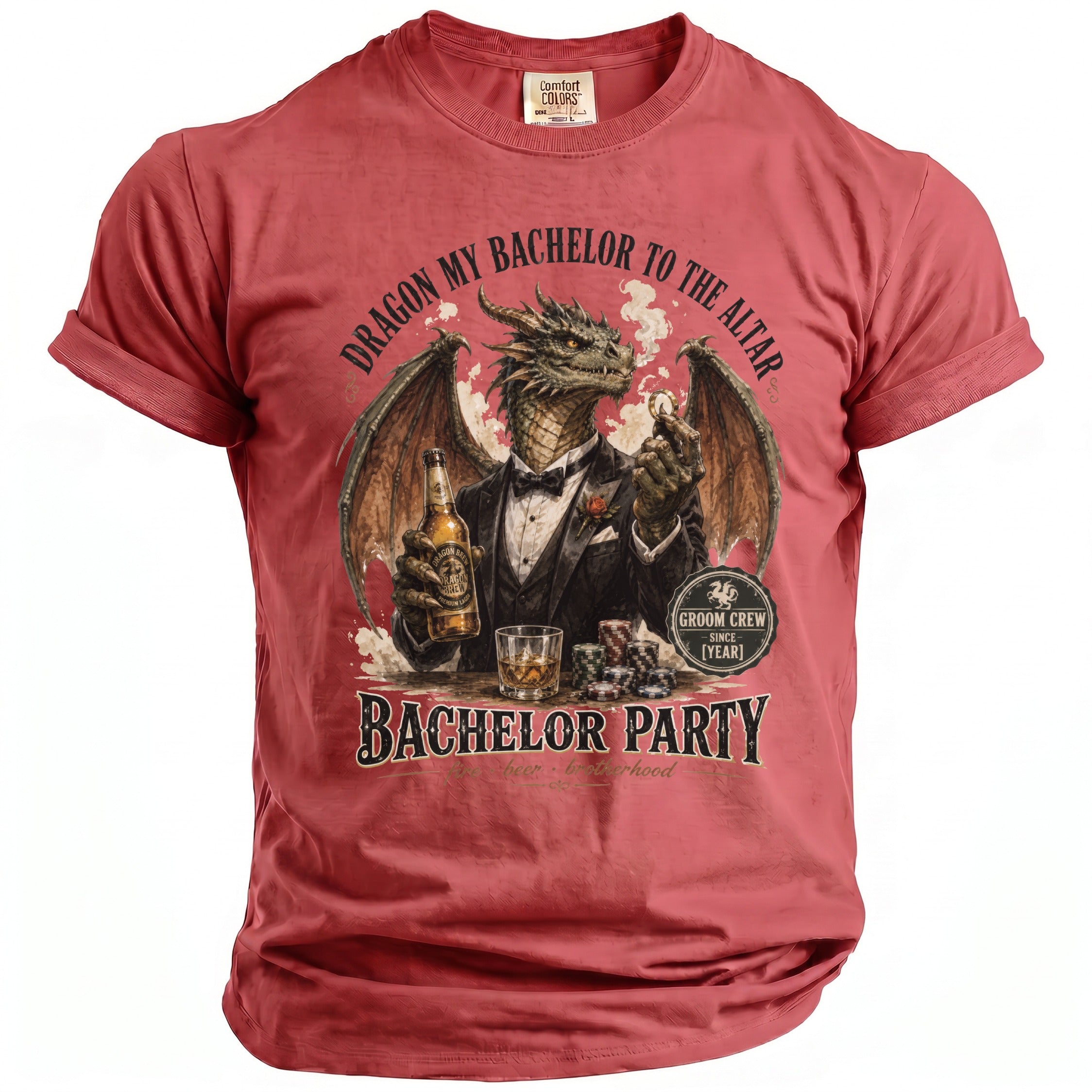 T-shirt with dragon in tuxedo holding beer and poker chips, reads "Bachelor Party".