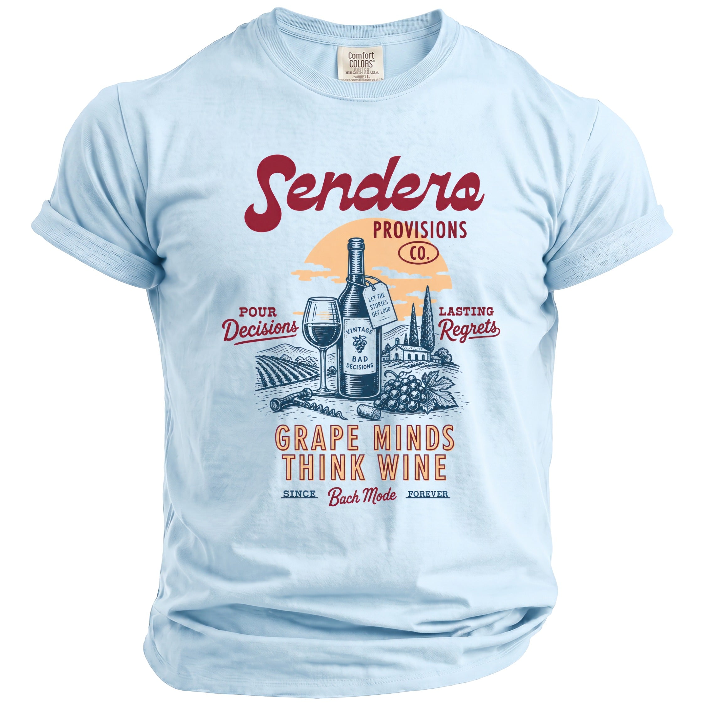 Light blue t-shirt with "Sendera Provisions Co." and wine-themed graphic.