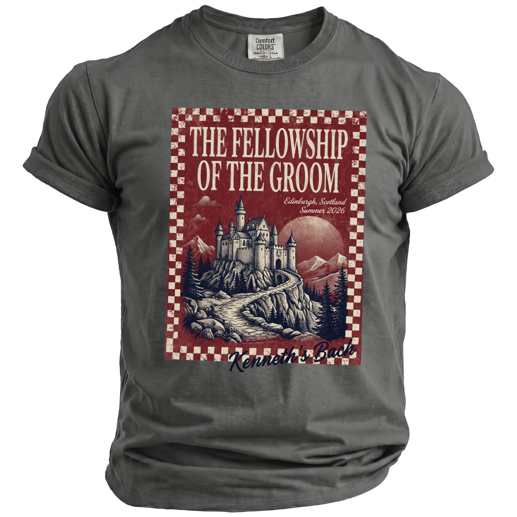T-shirt graphic: "The Fellowship of the Groom" with castle, Edinburgh, Scotland, Summer 2026.