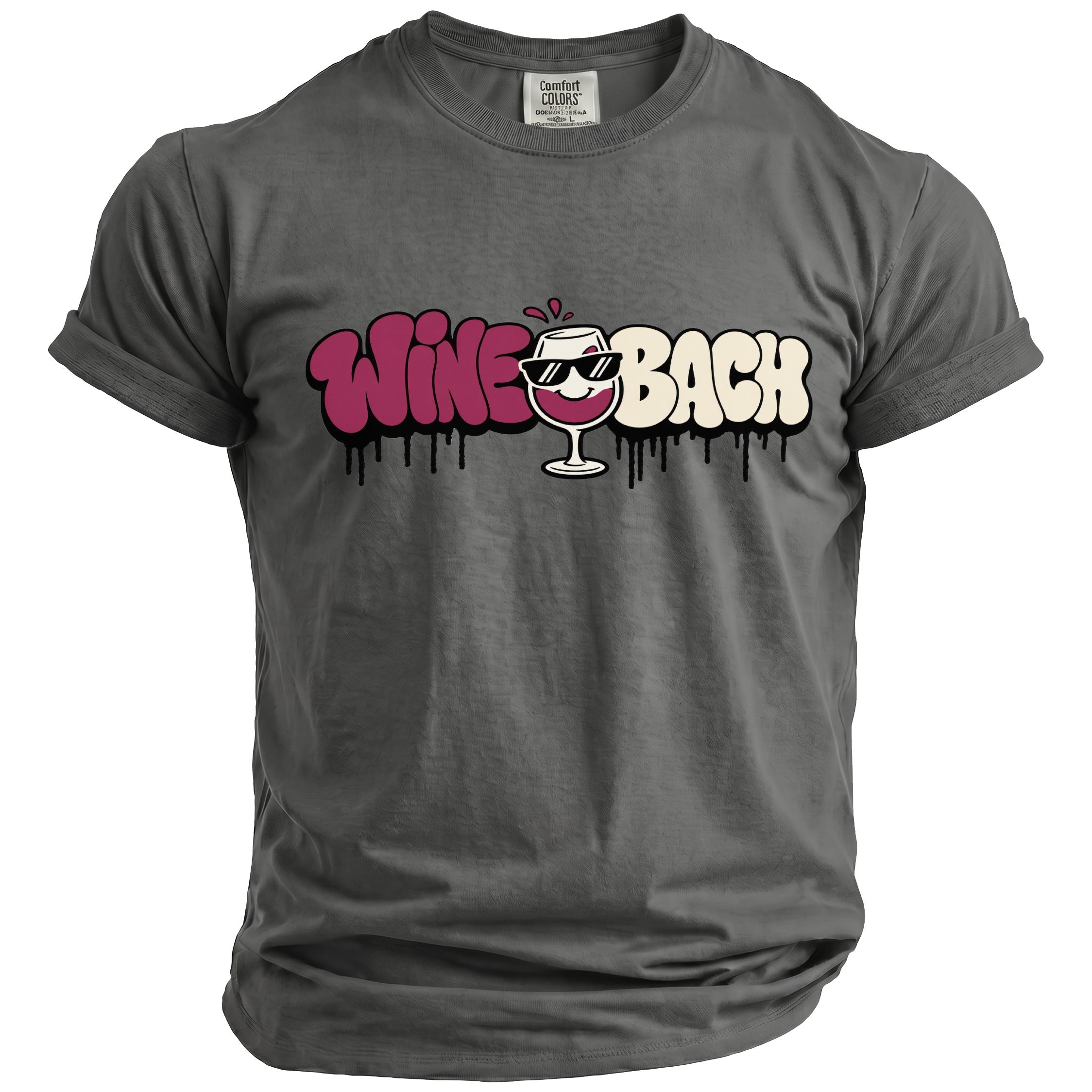 Grey t-shirt with "Wine O'Clock" text and a cartoon wine glass wearing sunglasses.