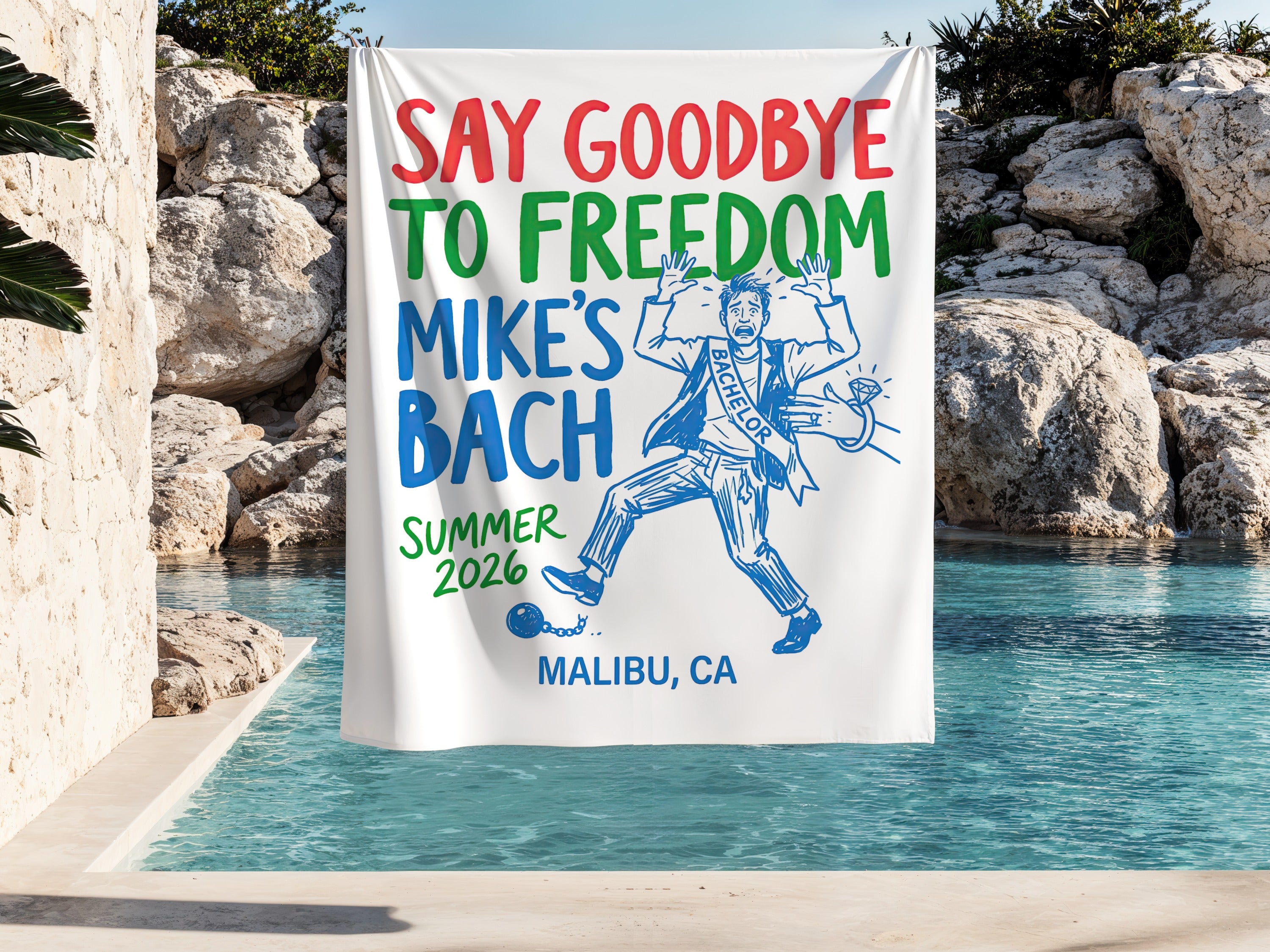 Banner with "Say Goodbye to Freedom Mike's Bach Summer 2026 Malibu, CA" and drawing.